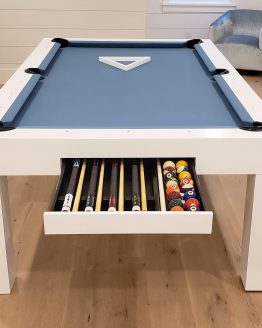 modern pool tables, custom pool tables, modern billiards mfgMODERN WHITE PEARL POOL TABLE WITH DRAWER 2