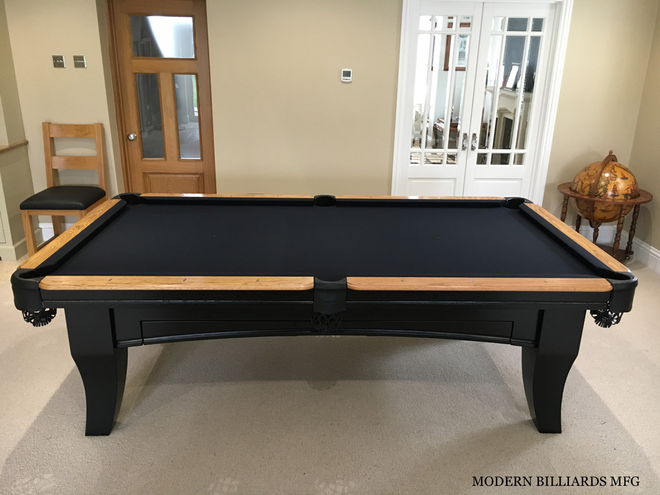 traditional black 2 modern pool tables, custom pool tables, modern billiards mfg