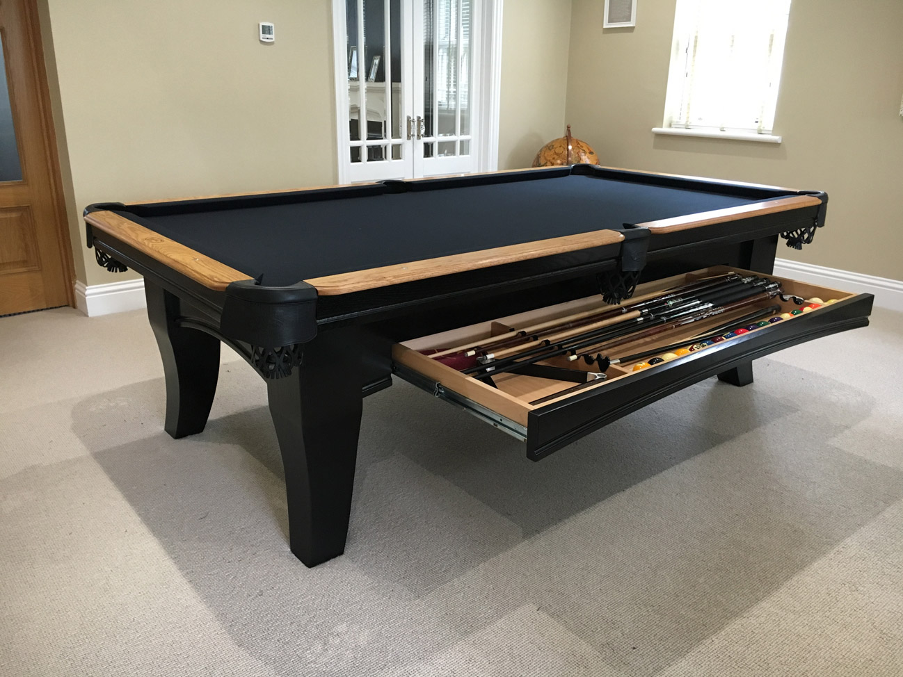 traditional flat black 3 modern pool tables, custom pool tables, modern billiards mfg