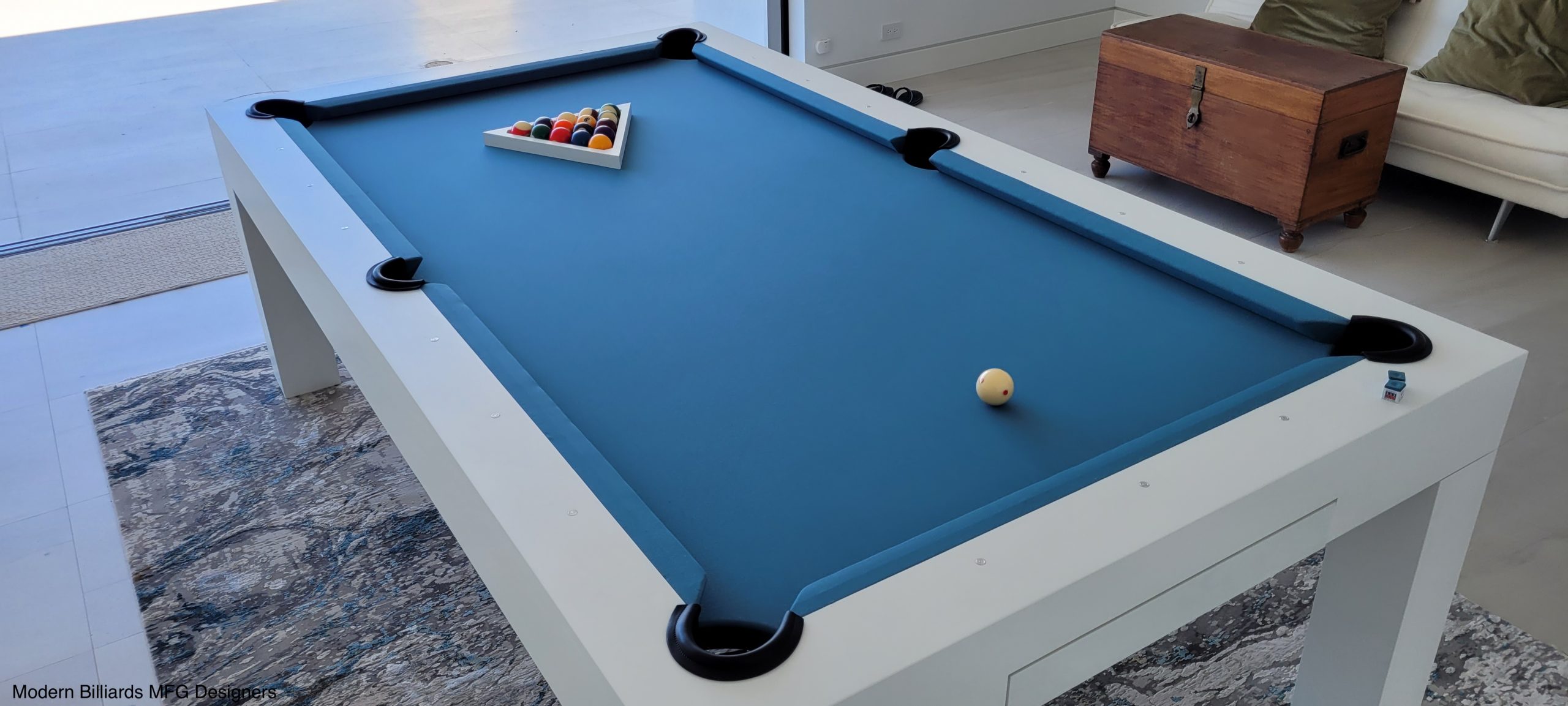 All White modern pool tables, custom pool tables, modern billiards mfg