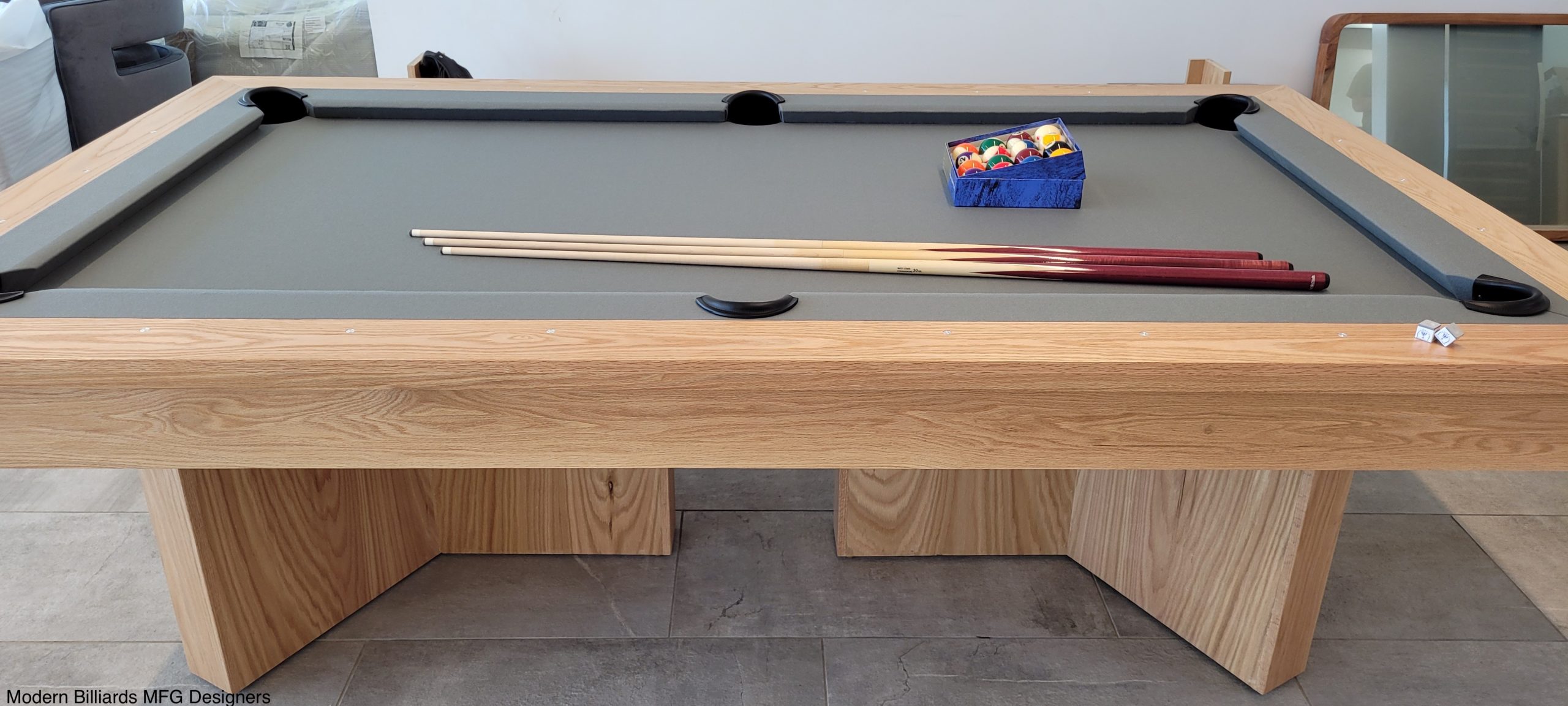 infinity oak 7 modern pool tables, custom pool tables, modern billiards mfg